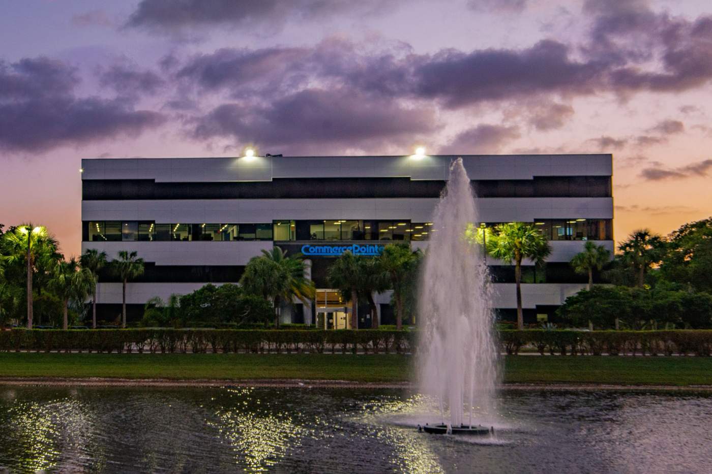 Commerce Pointe Silver building at dusk